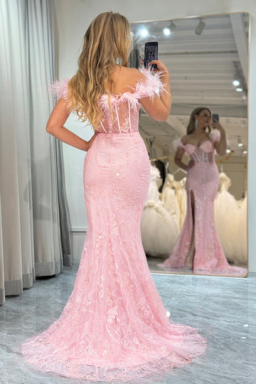 Pink Off the Shoulder Feathers Mermaid Prom Dress with Slit